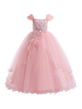 Girls Light Pink Polyester Flower Girl Lace Cold Shoulder Sequin Wedding Gown